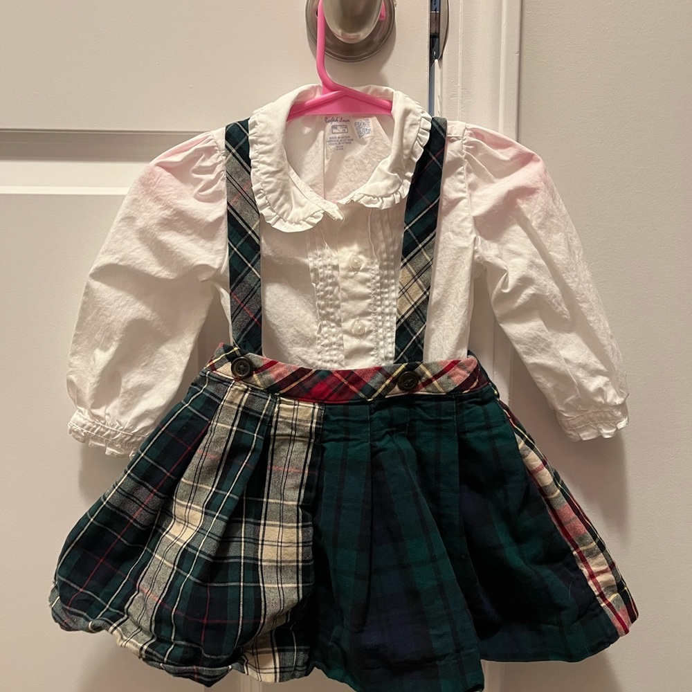Ralph Lauren babygirls Plaid Suspender Skirt with White Blouse (9 months)